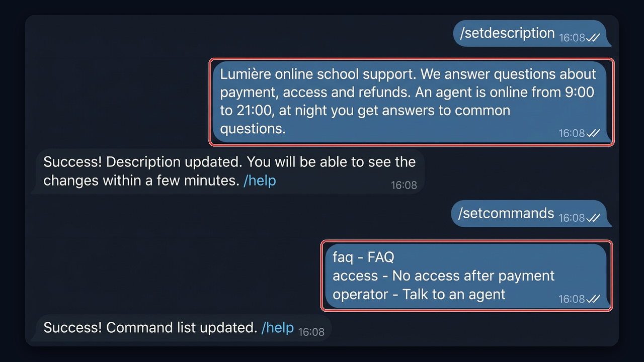 Telegram support bot welcome text and menu: /setdescription and /setcommands in BotFather