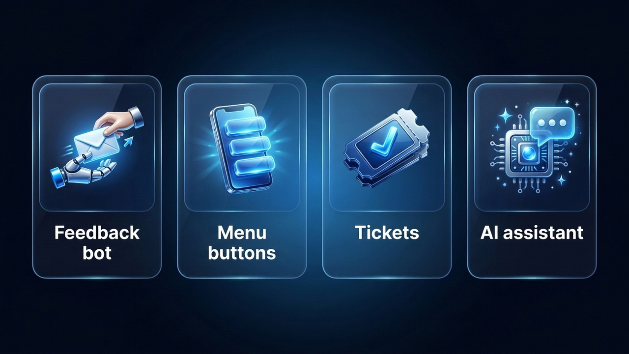 Telegram support bot types: feedback bot, menu bot, ticket helpdesk and AI assistant