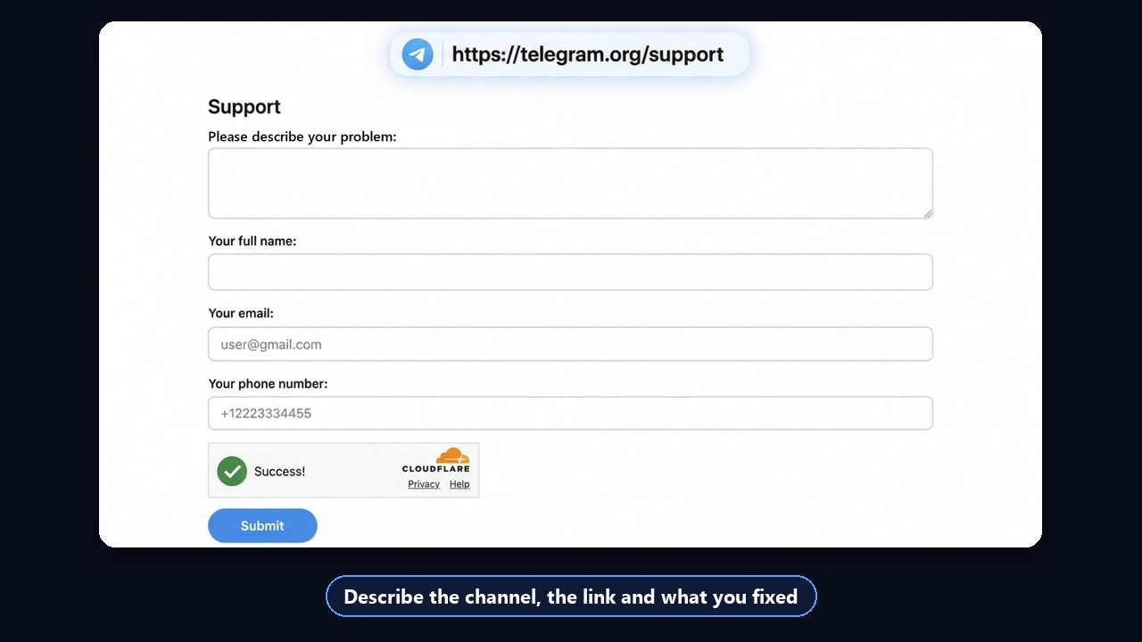 How to get a banned channel back: the telegram.org/support form