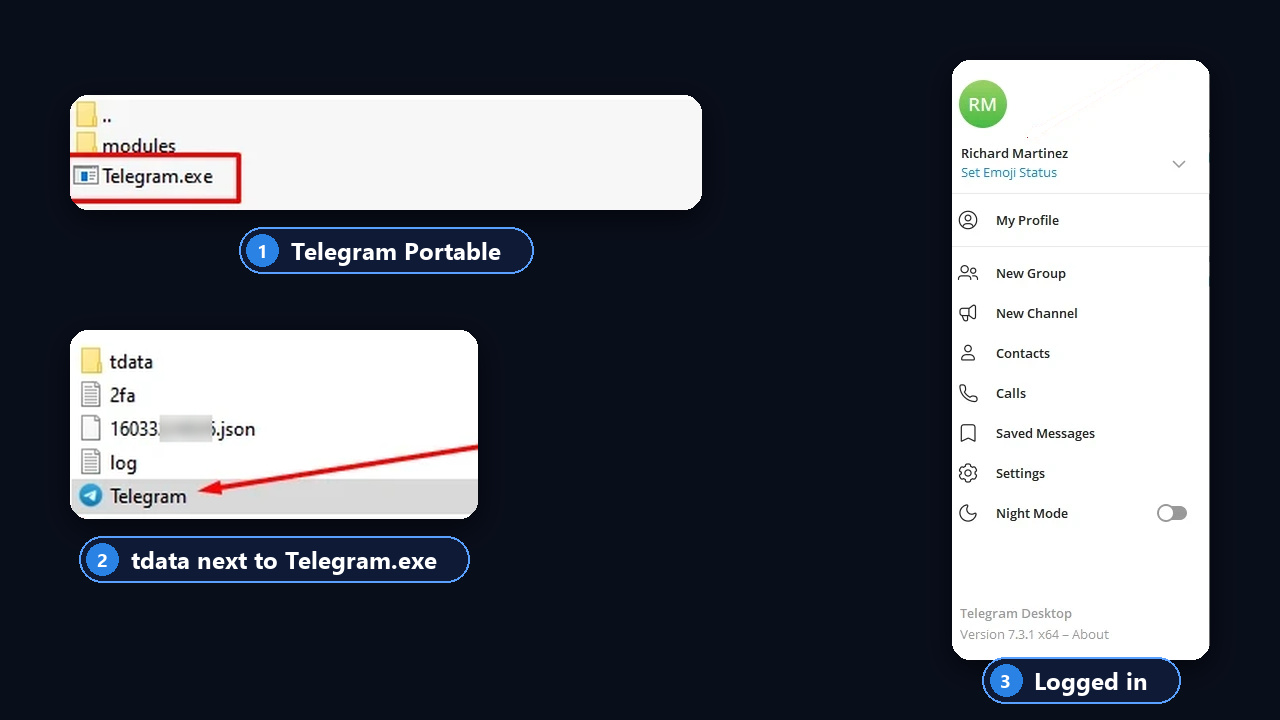 Telegram tdata login: Telegram Portable, tdata next to Telegram.exe, profile open