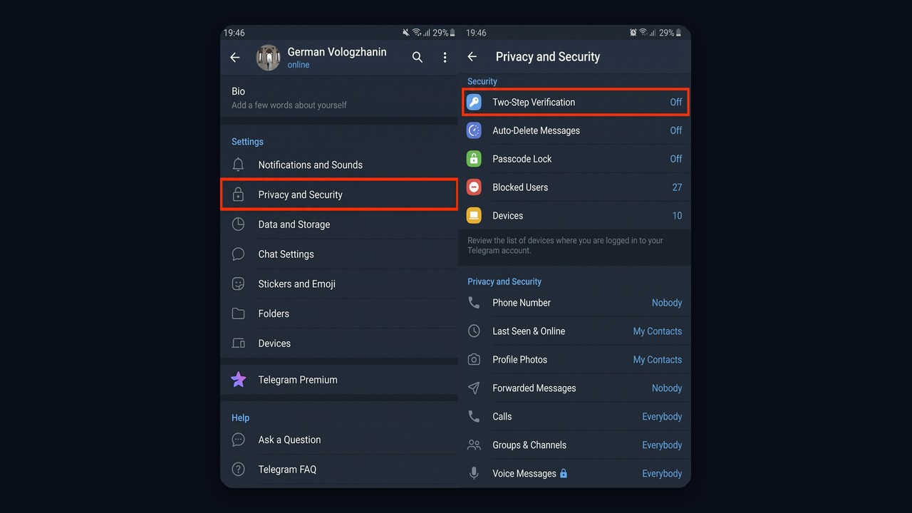 Telegram two-step verification: Privacy and Security → Security