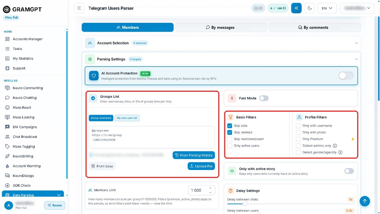 Telegram user parser in GramGPT: group list and audience filters
