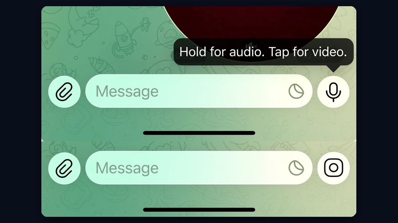 Telegram video message mode: the hold-for-audio, tap-for-video tooltip and the camera button