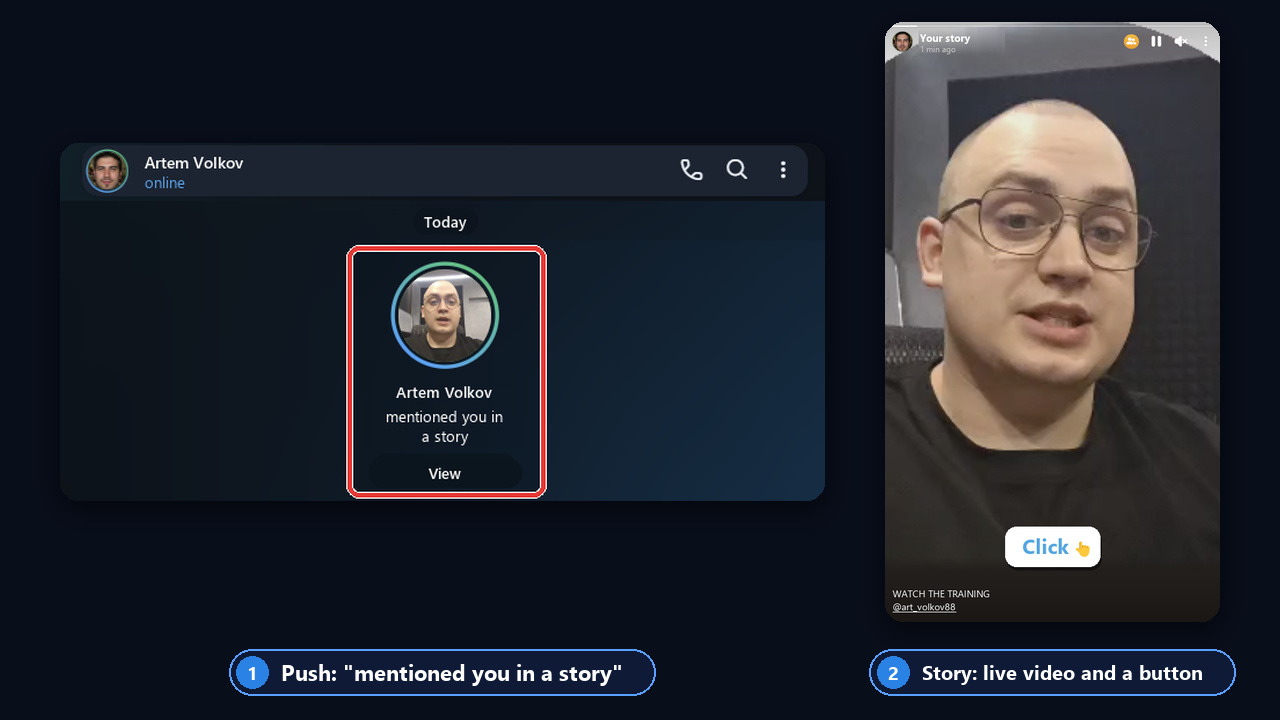 Story mention push and a story with a live video and a Click button