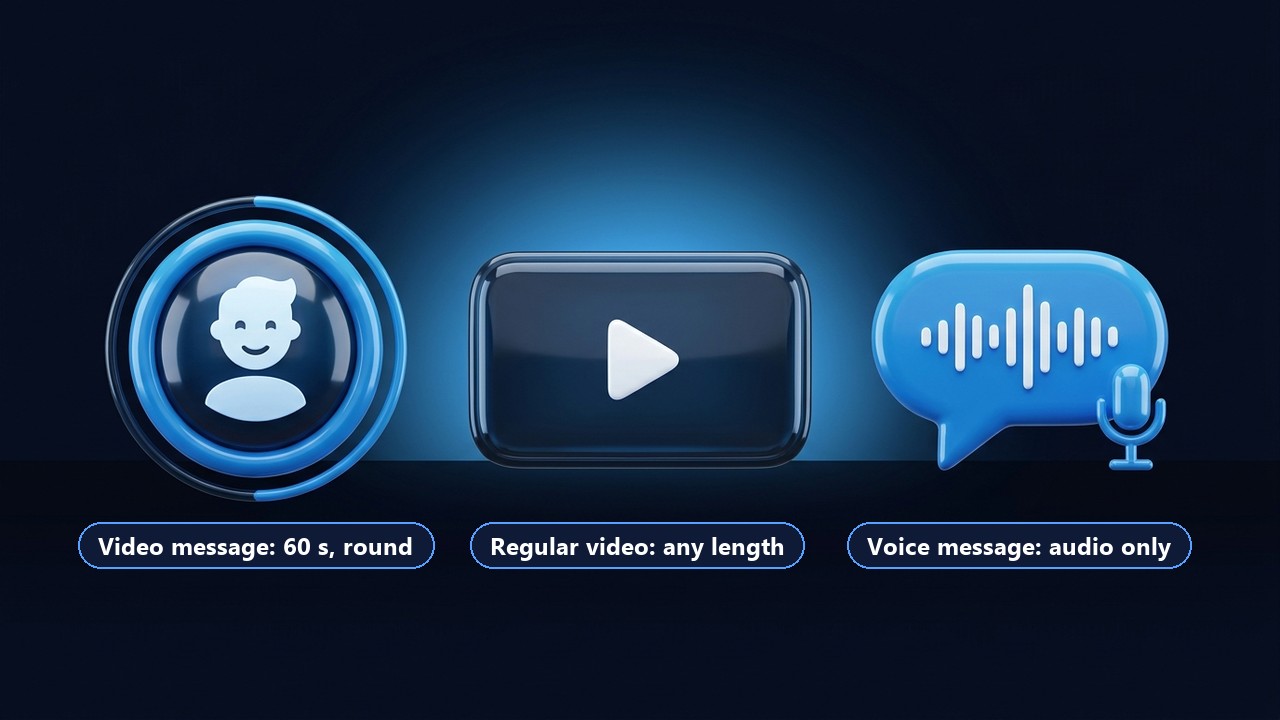 Telegram video message compared with a regular video and a voice message