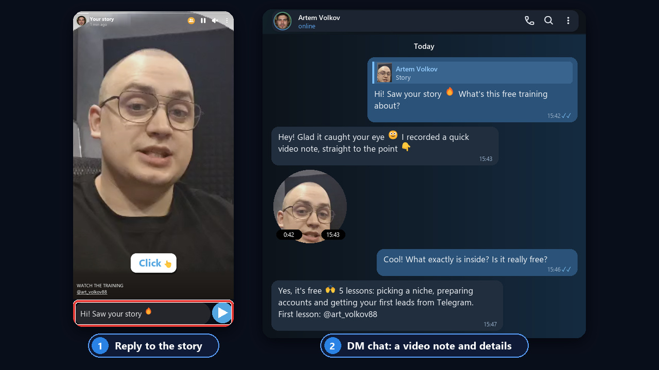 A video note in DMs after a story mention: a story reply and a trigger DM chat