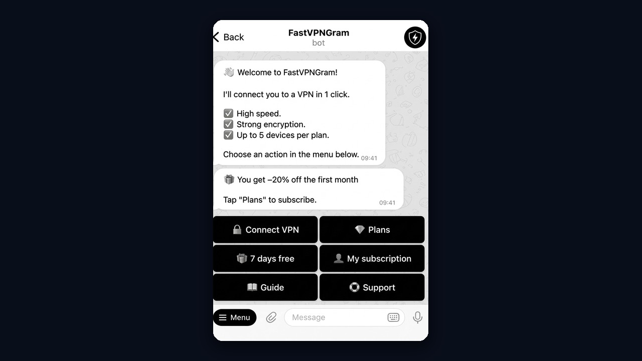 A Telegram sales bot: the FastVPNGram VPN bot start screen with a discount and a free trial