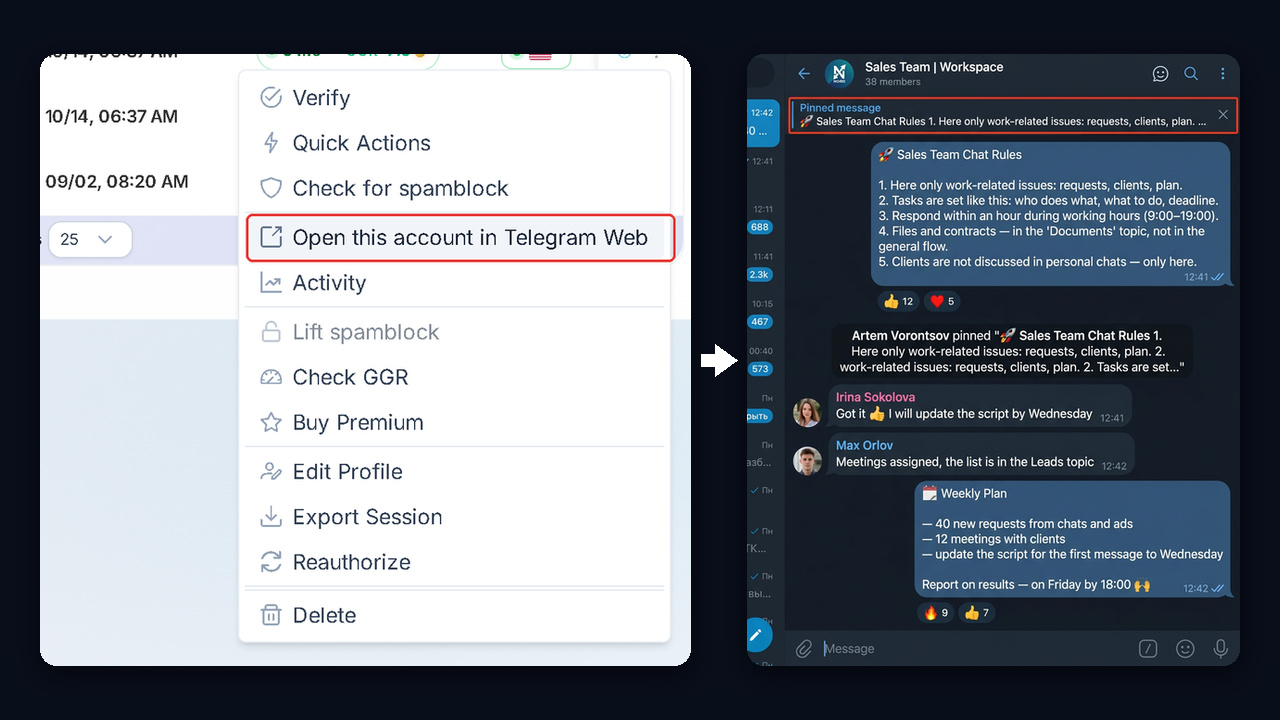 Telegram Web from the GramGPT Account Manager: a work account opens in the browser without a phone