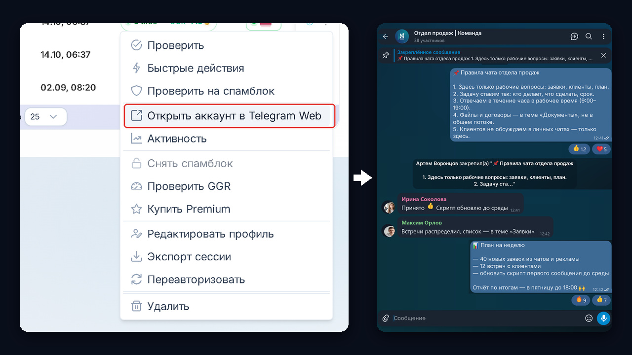 Telegram Web из Менеджера аккаунтов GramGPT: рабочий аккаунт открывается в браузере без телефона