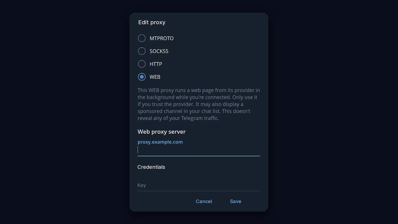 Telegram web proxy setup on desktop: the Edit proxy window with WEB selected