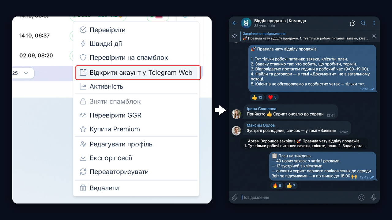 Telegram Web з Менеджера акаунтів GramGPT: робочий акаунт відкривається в браузері без телефона