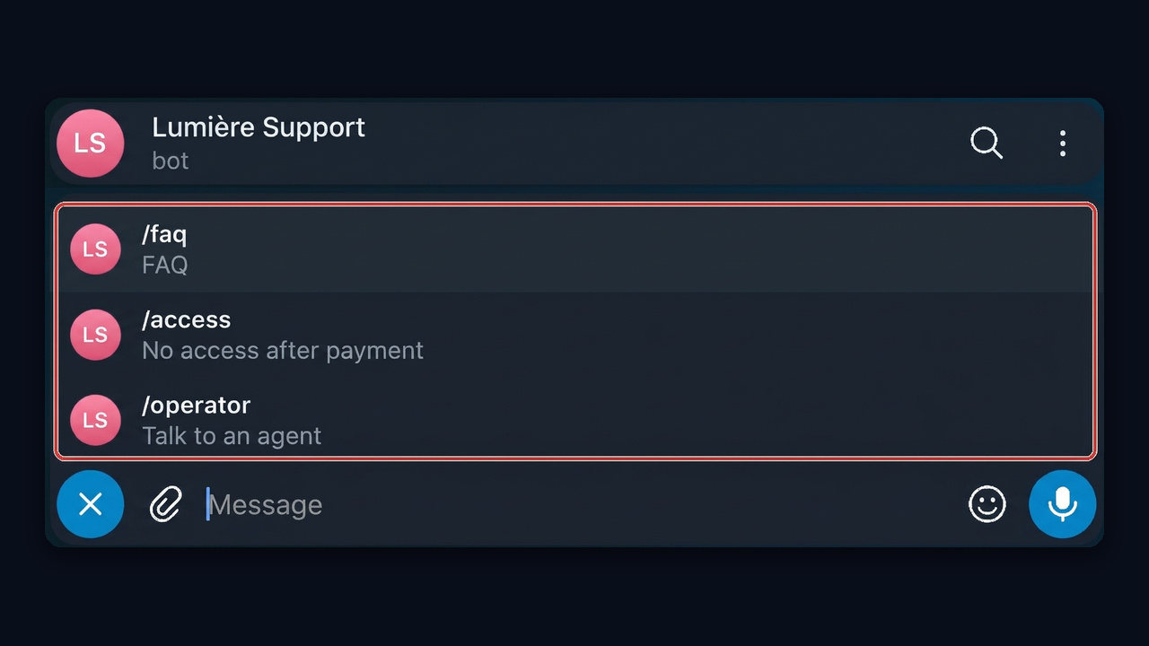 Testing a Telegram support bot as a customer: the /faq, /access and /operator command menu