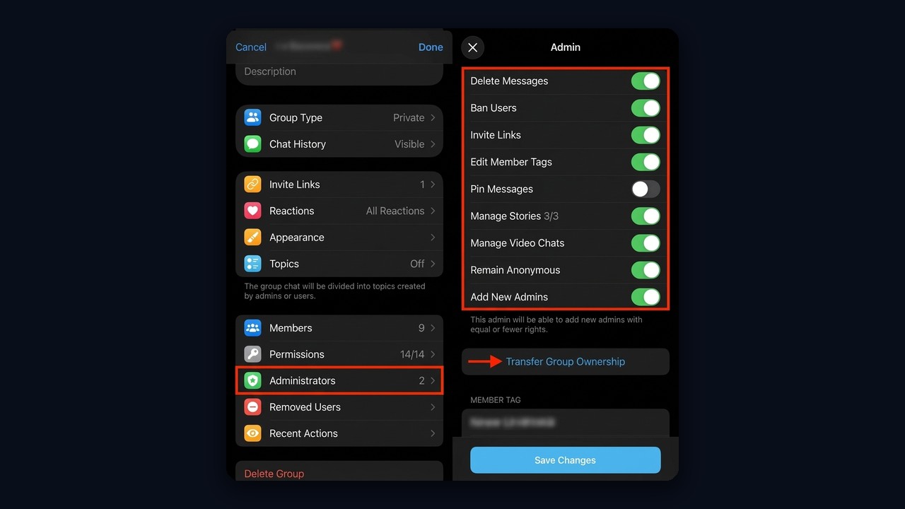 How to transfer Telegram channel ownership: Administrators and the Transfer Ownership button