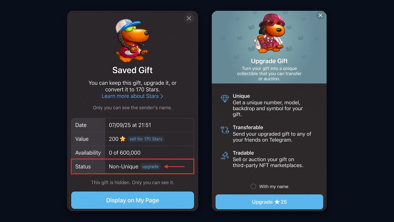 How to upgrade a Telegram gift: Non-Unique status and the Upgrade Gift window