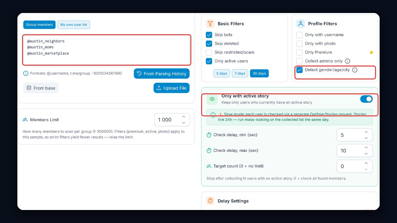 Users Parser: active users, city detection and active story filter