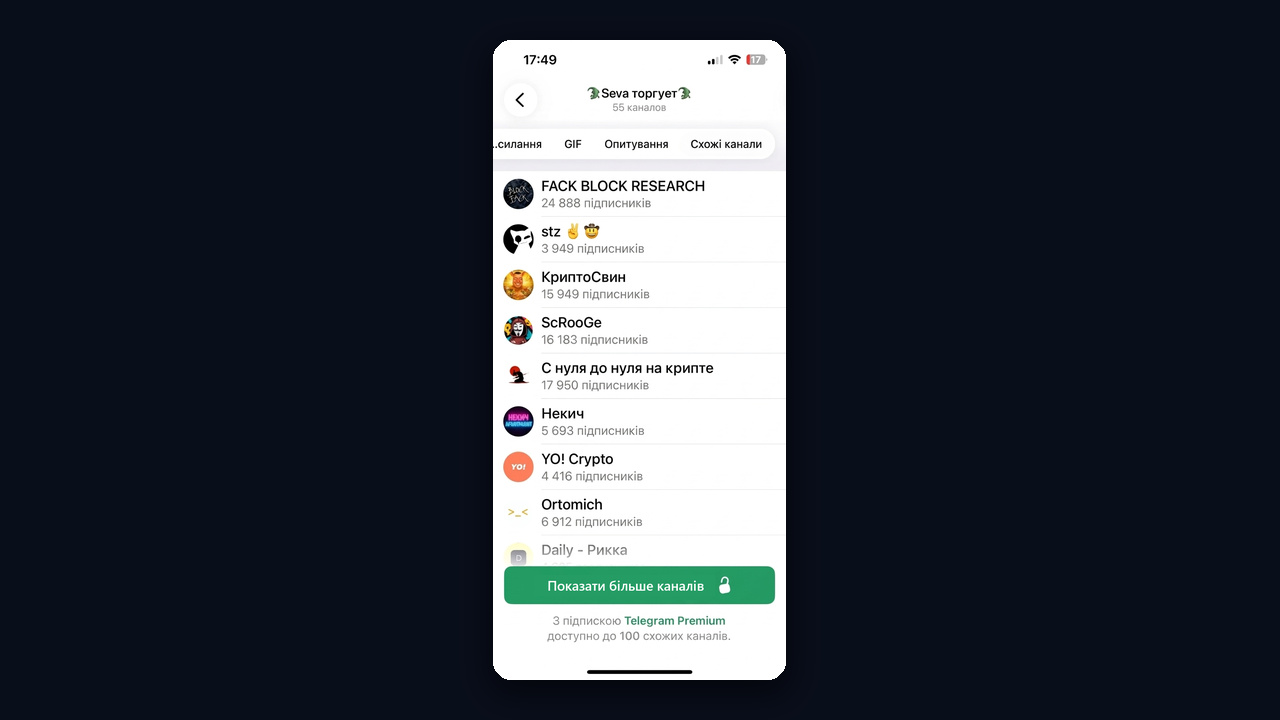 Вкладка «Схожі канали» у профілі каналу Telegram