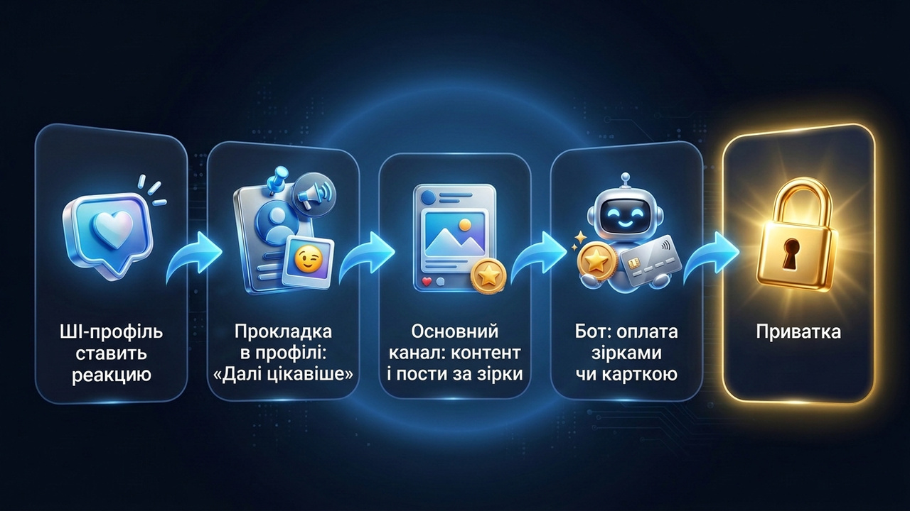 Воронка в закритий канал 18+: реакція ШІ-профілю, прокладка, основний канал, бот і приватка