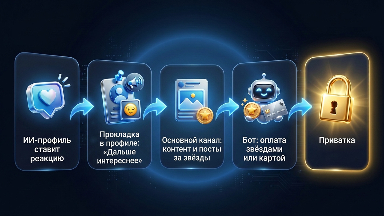 Воронка в закрытый канал 18+: реакция ИИ-профиля, прокладка, основной канал, бот и приватка