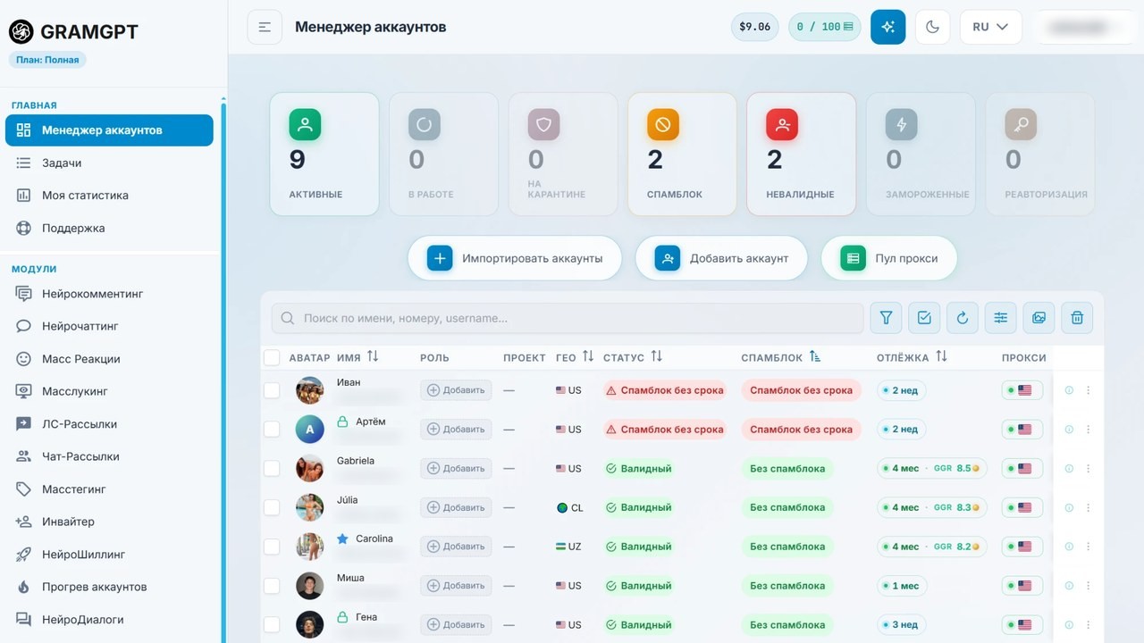 Второй аккаунт ТГ и другие профили в менеджере аккаунтов GramGPT