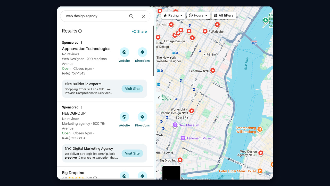 Web design clients from Google Maps: local web design agencies with ratings