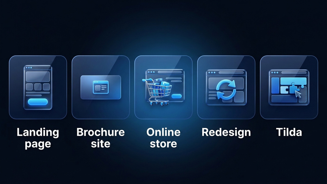 Web design clients by website type: landing page, brochure site, store, redesign