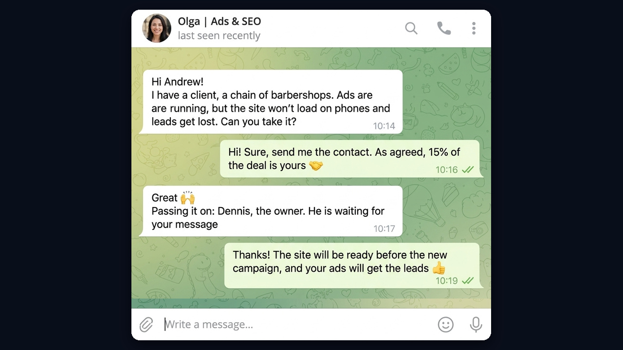 Web design referral: a marketer passes a client for 15% of the deal
