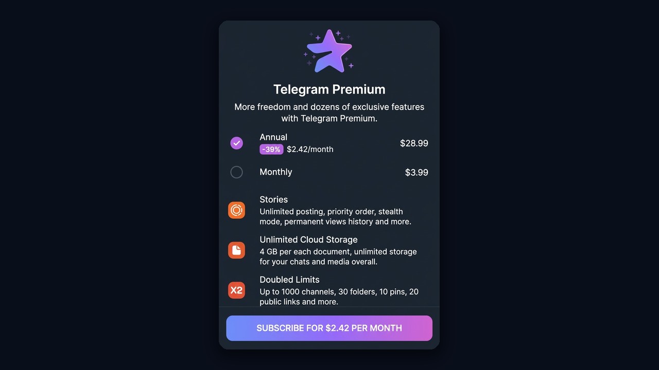 What is Telegram Premium: the subscription screen with monthly and yearly plans