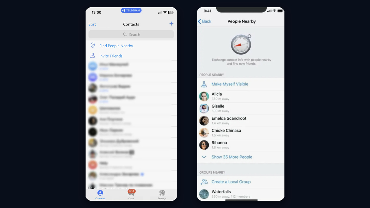Where Telegram People Nearby used to be: Contacts and the list with distances