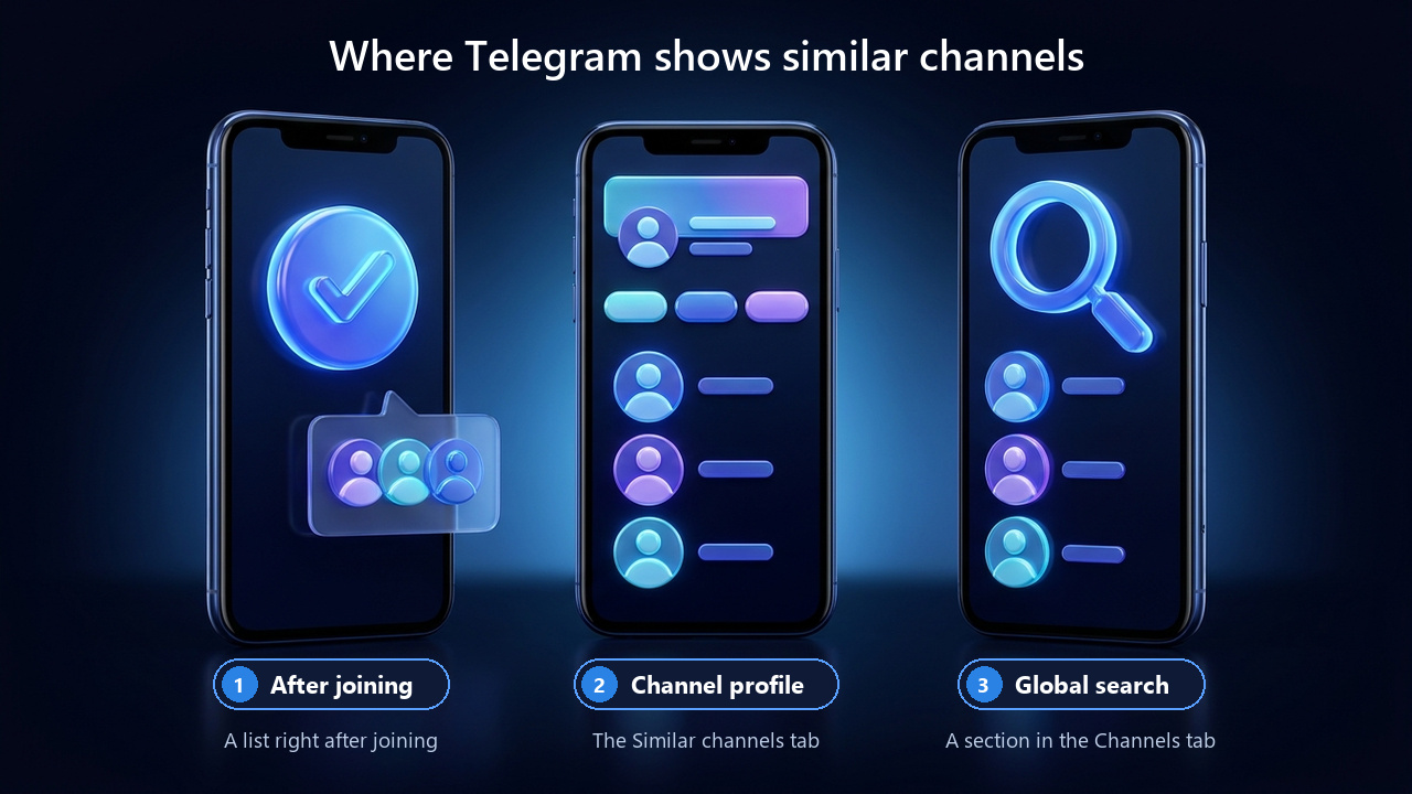 Where to find Telegram similar channels: after joining, in the profile and in search