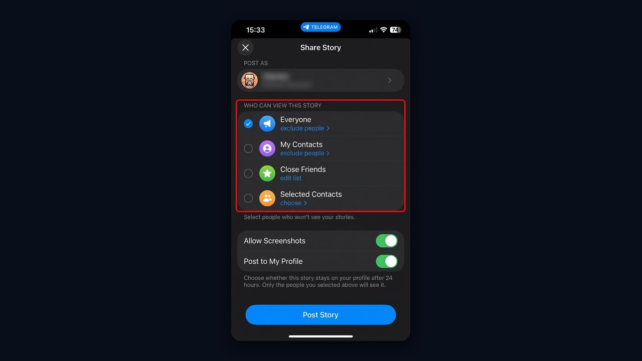 Who can view a Telegram story: everyone, contacts, close friends or selected people