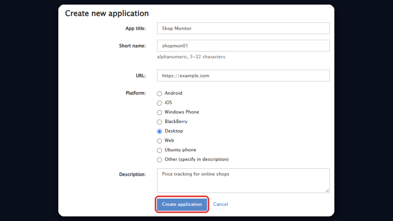 Як отримати API ID телеграм: форма Create new application