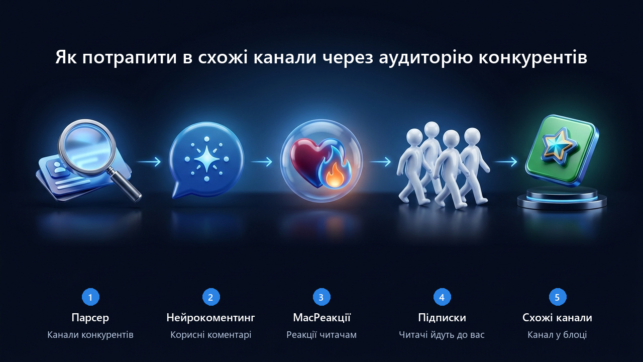 Як потрапити в схожі канали телеграм: парсер, Нейрокоментинг, МасРеакції