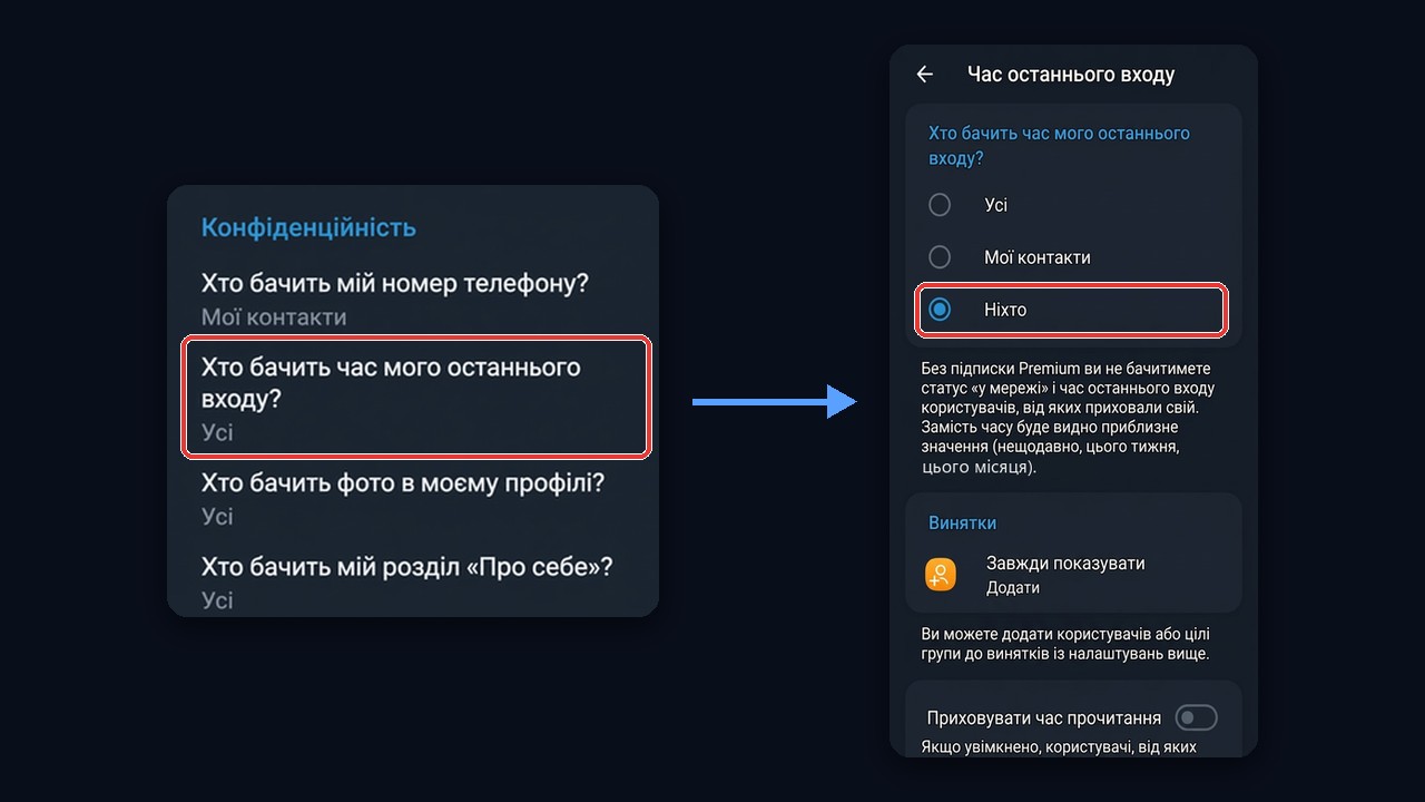 Як приховати час входу в телеграмі: Конфіденційність, Час останнього входу, Ніхто