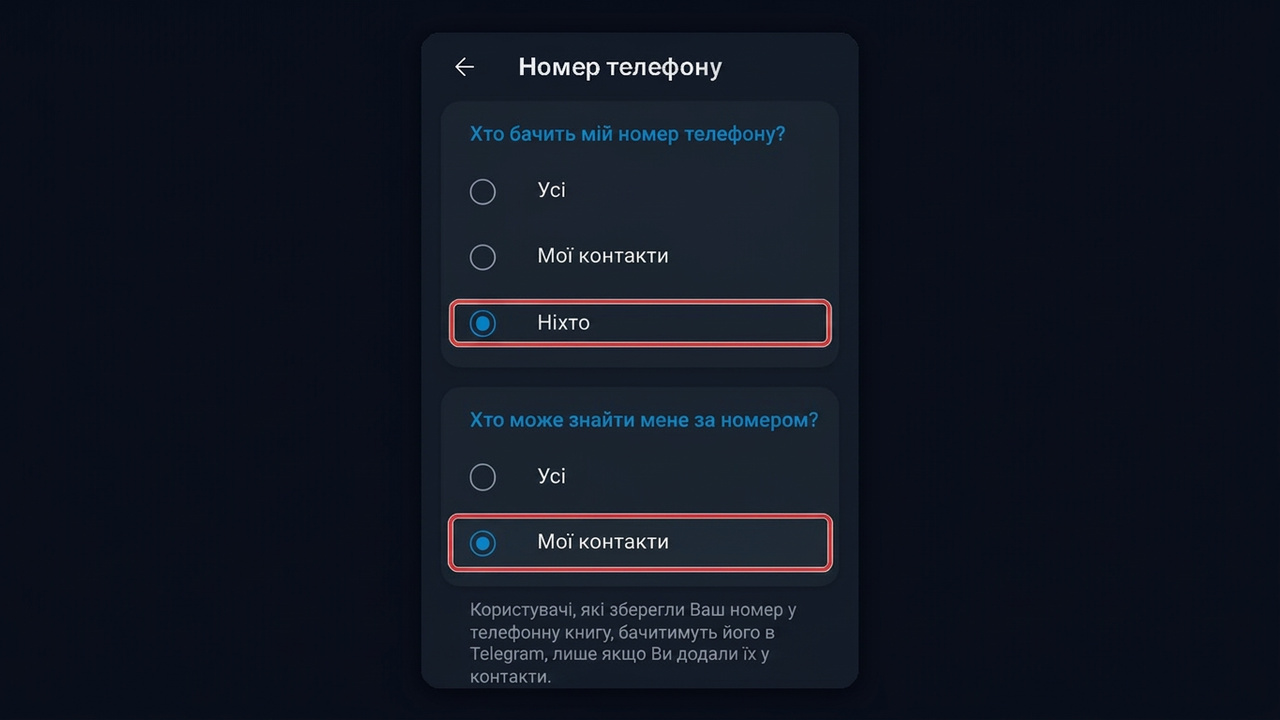 Як приховати номер у телеграм у вебверсії: Ніхто й пошук за номером лише для контактів