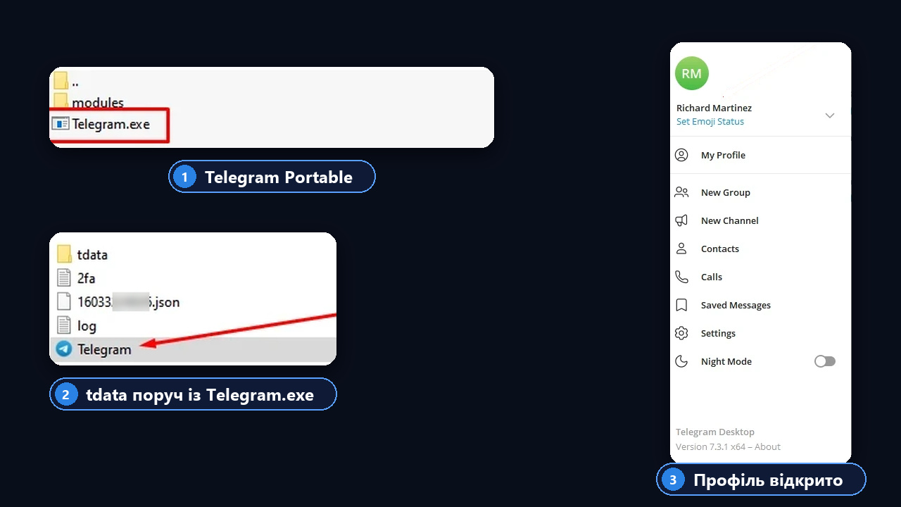 Як увійти через tdata: Telegram Portable, тека tdata поруч із Telegram.exe, профіль відкрито