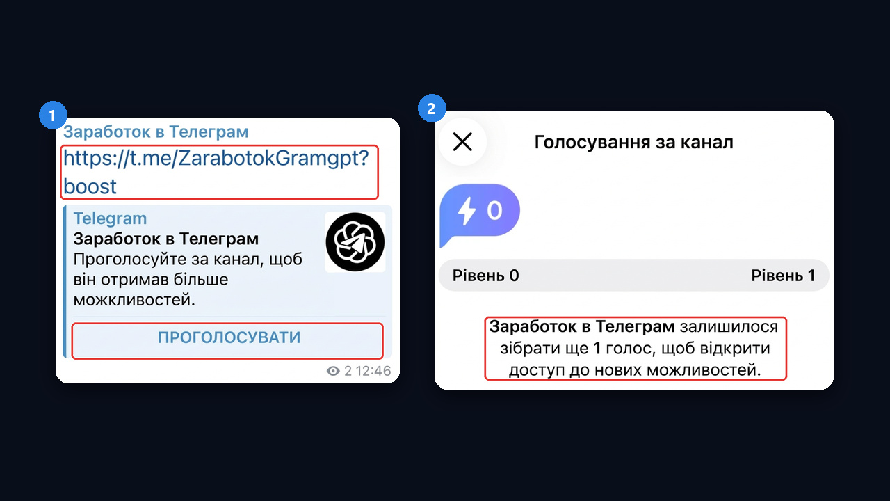 Як забустити канал із телефона: посилання з ?boost і вікно «Голосування за канал»