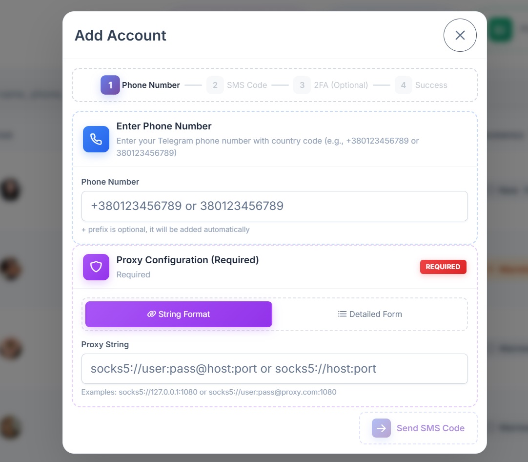 Adding Telegram account via phone number