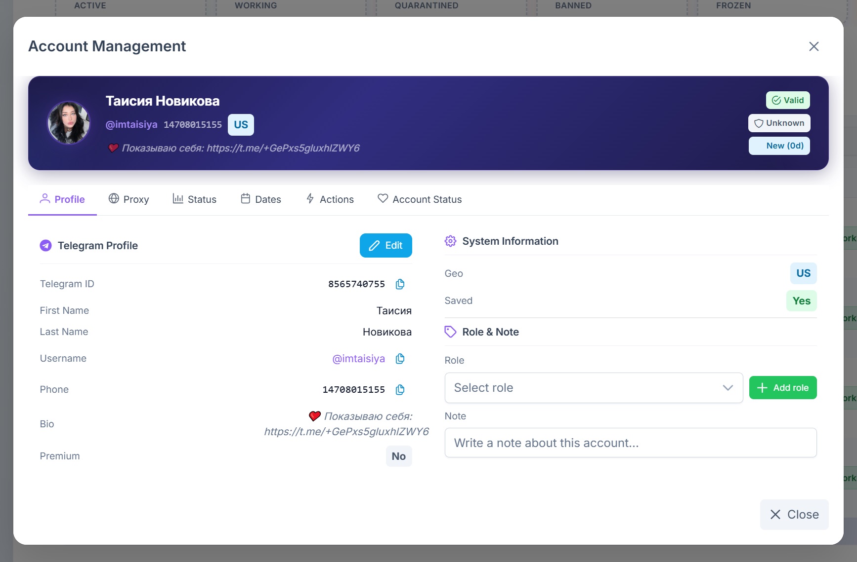 Detailed Telegram account information