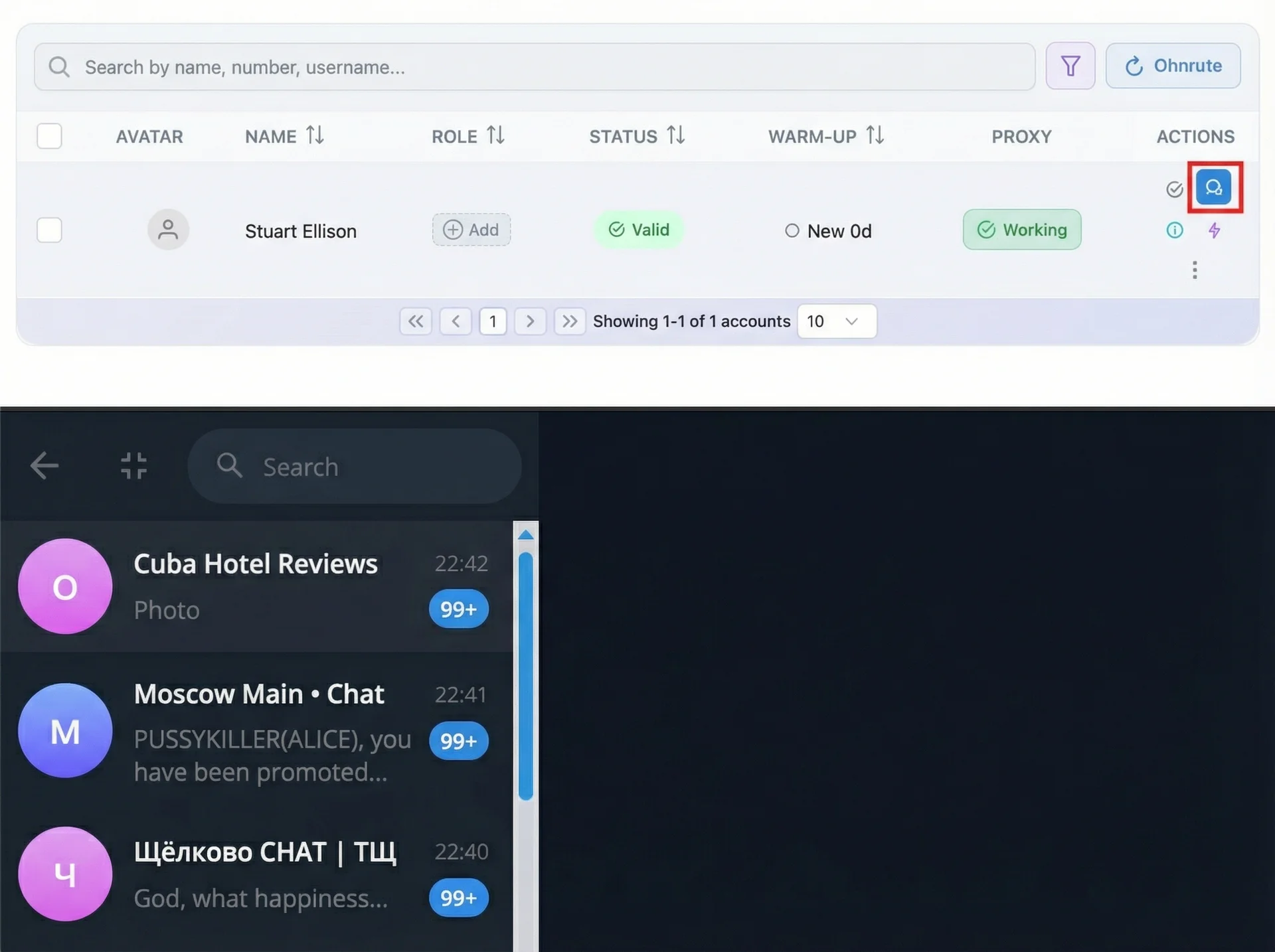 Telegram web account view