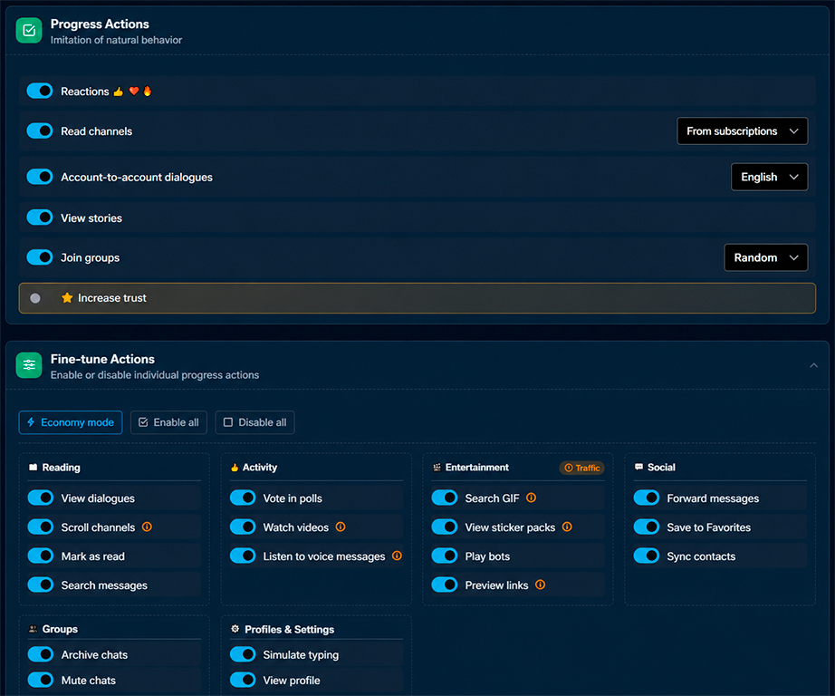 Selecting actions and fine-tuning during Telegram account warm-up