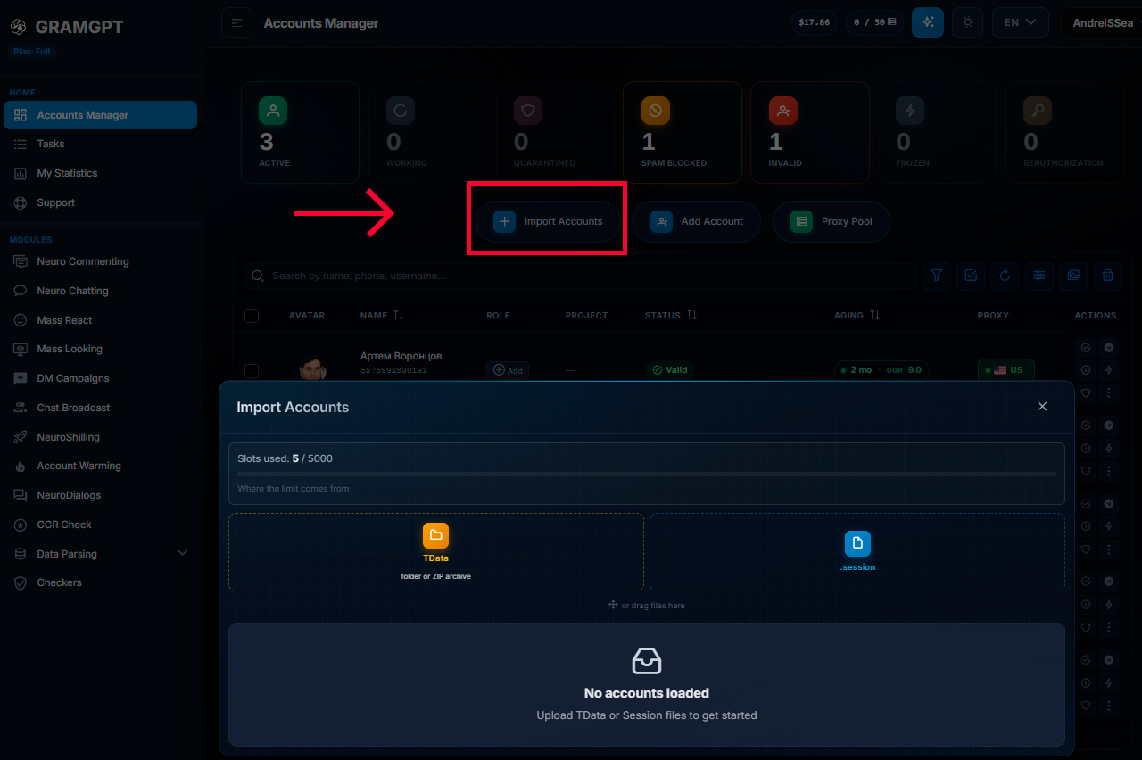 Adding Telegram accounts to GramGPT Combine