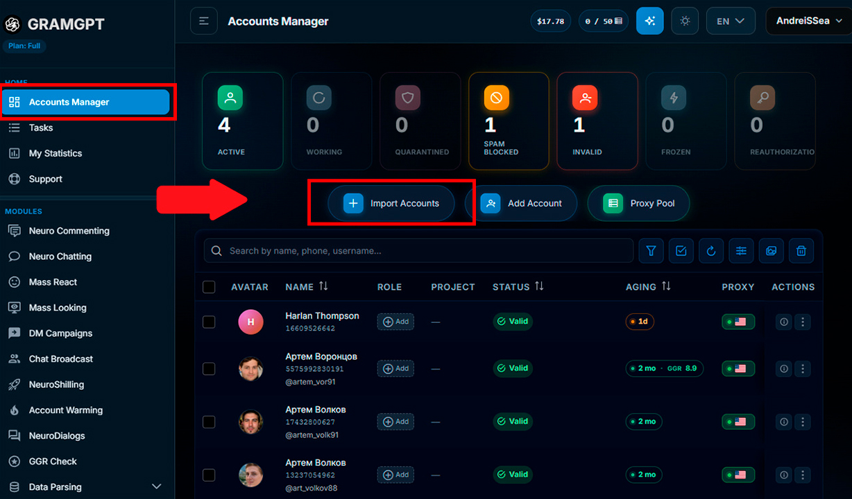 Adding Telegram accounts to the GramGPT Telegram Combine