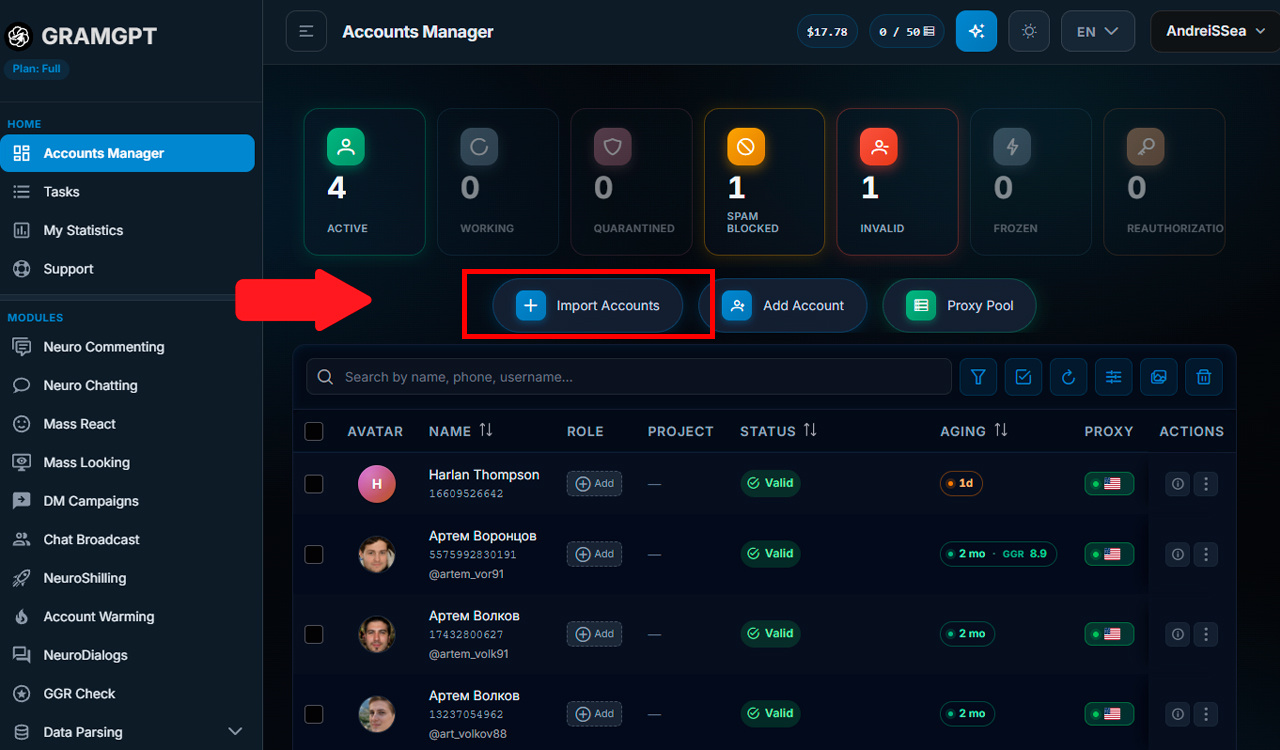 Adding Telegram profiles to the account manager in GramGPT