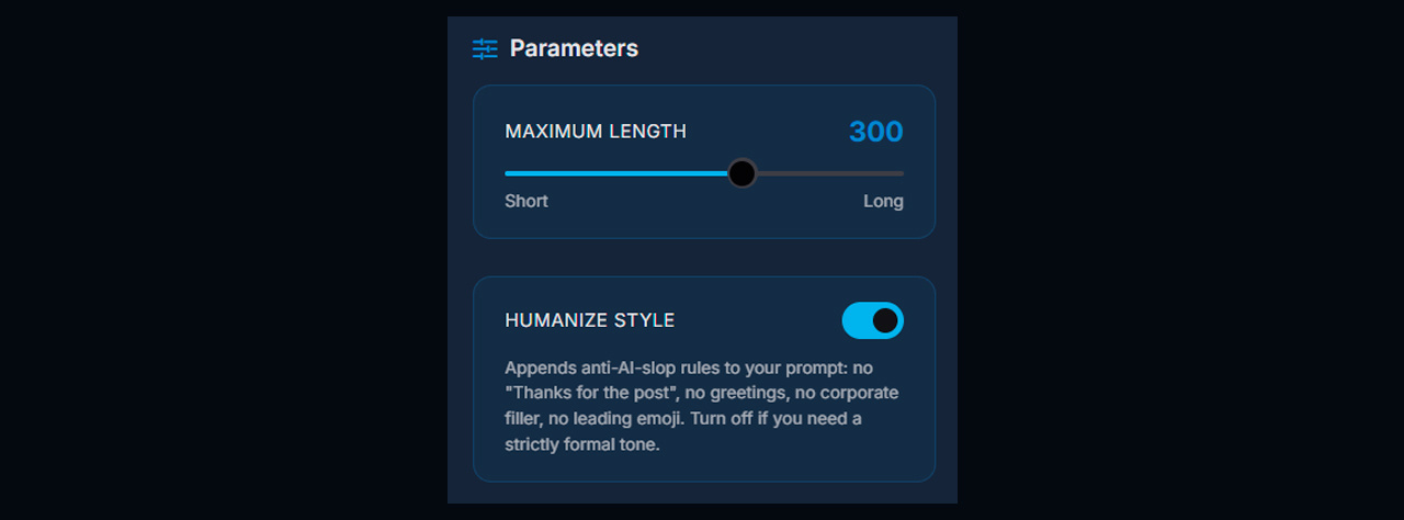 Additional settings for reply length and humanizing NeuroDialogues text 