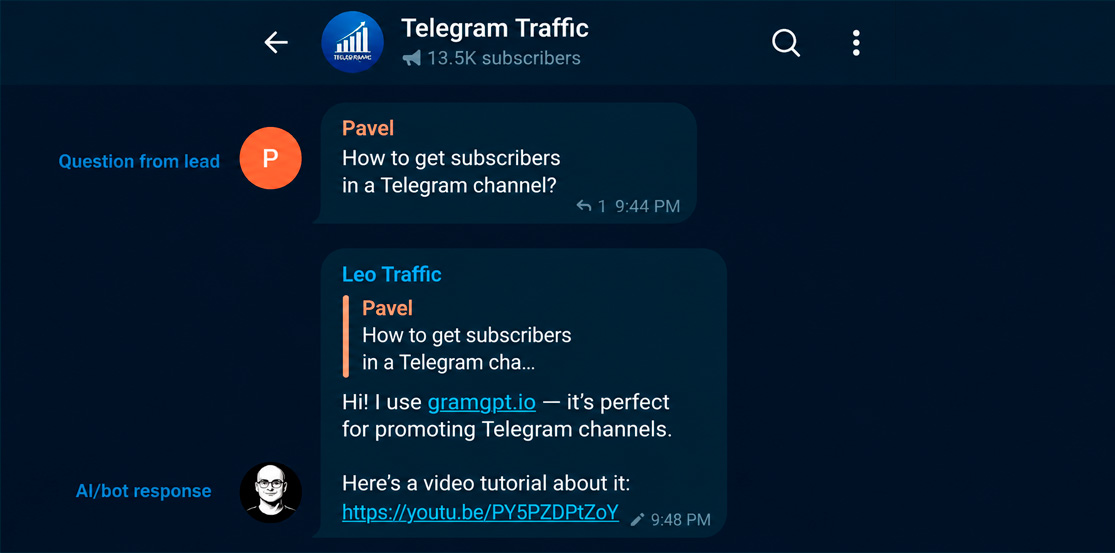 AI bot replies to a lead in a Telegram chat