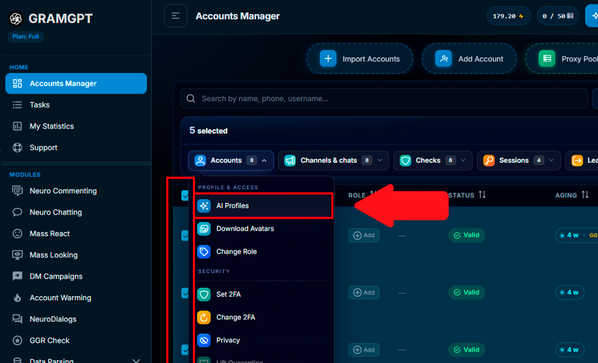 Selecting accounts for mass completion of Telegram profiles in GramGPT.io