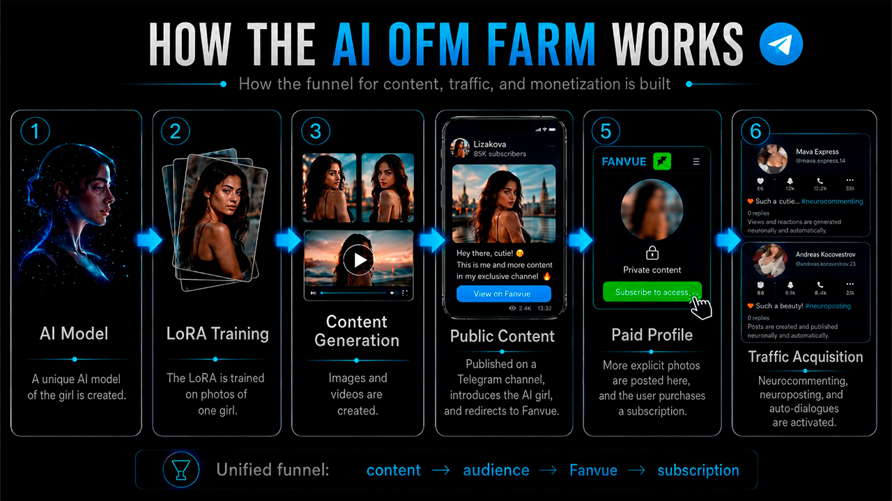 AI OFM farm of AI girls in Telegram workflow