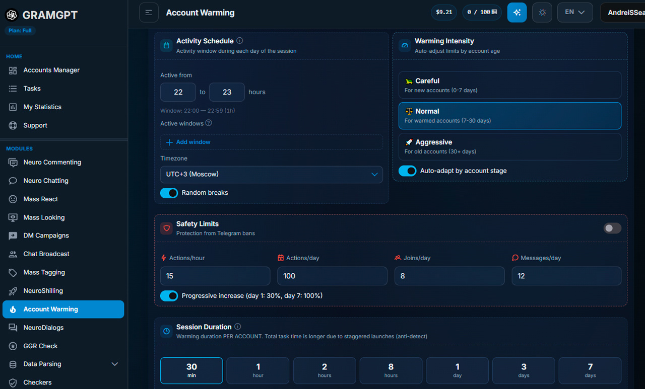 AI warm-up of Telegram accounts in GramGPT