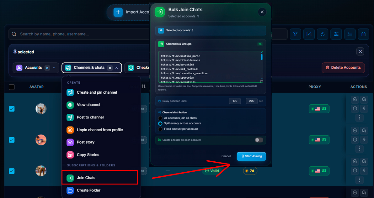 auto-joining Telegram channels and chats in the Telegram account manager in GramGPT.io