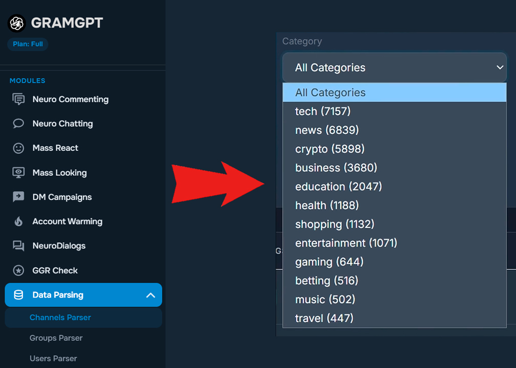 Collecting an old channel database for promotion in Telegram Combine